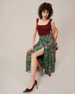 The Green Pleated Floral Skirt -Outlet Dress Mix Up Store skirts the pleated floral skirt 36552141504725