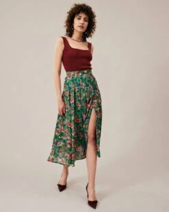 The Green Pleated Floral Skirt -Outlet Dress Mix Up Store skirts the pleated floral skirt 36552141570261