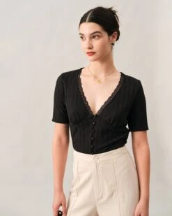 The Ribbed Lace Trim Tee -Outlet Dress Mix Up Store tees black xs the ribbed lace trim tee 38222100496597