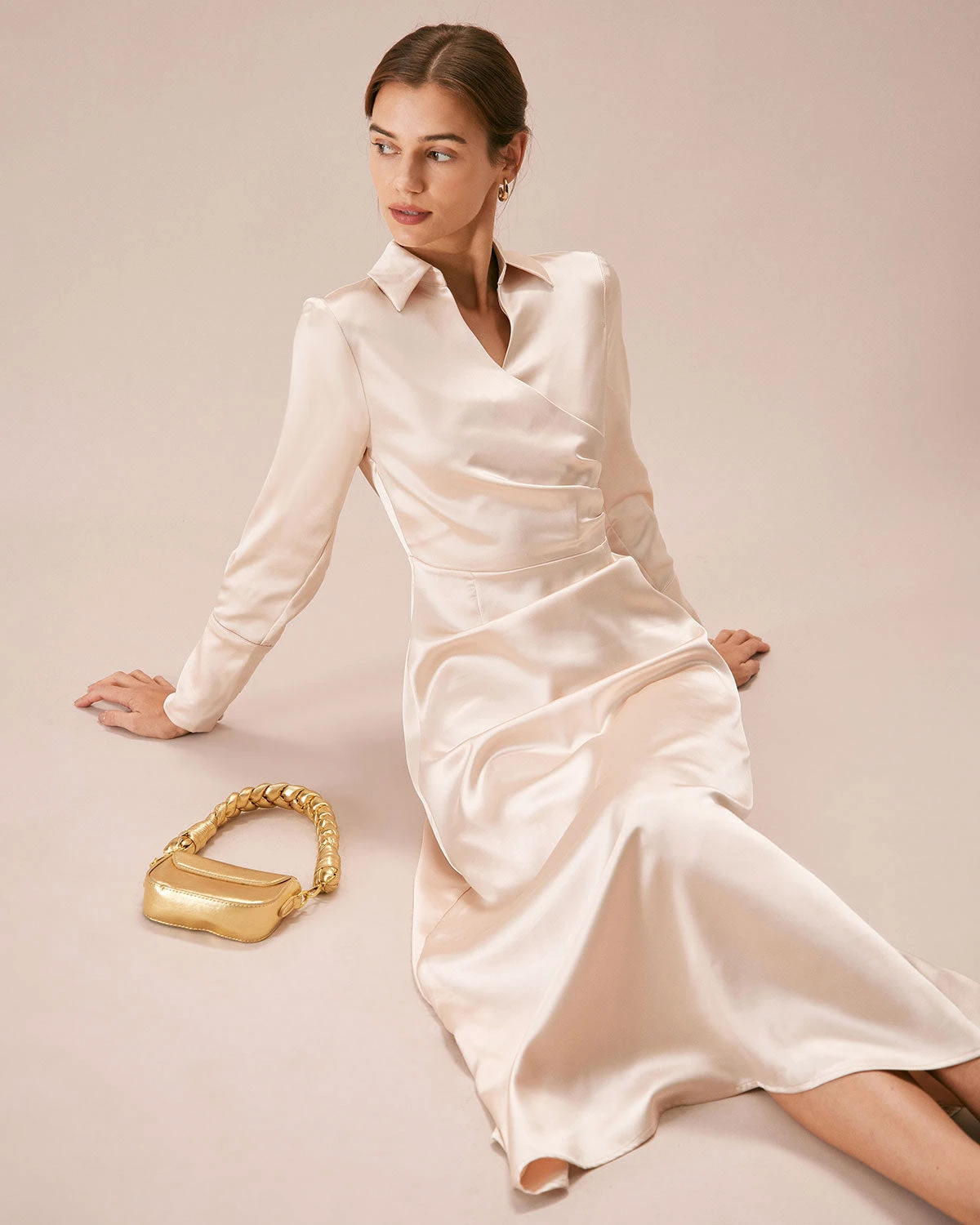 The Apricot Lapel Pleated Satin Maxi Dress 5 The Apricot Lapel Pleated Satin Maxi Dress - Image 5