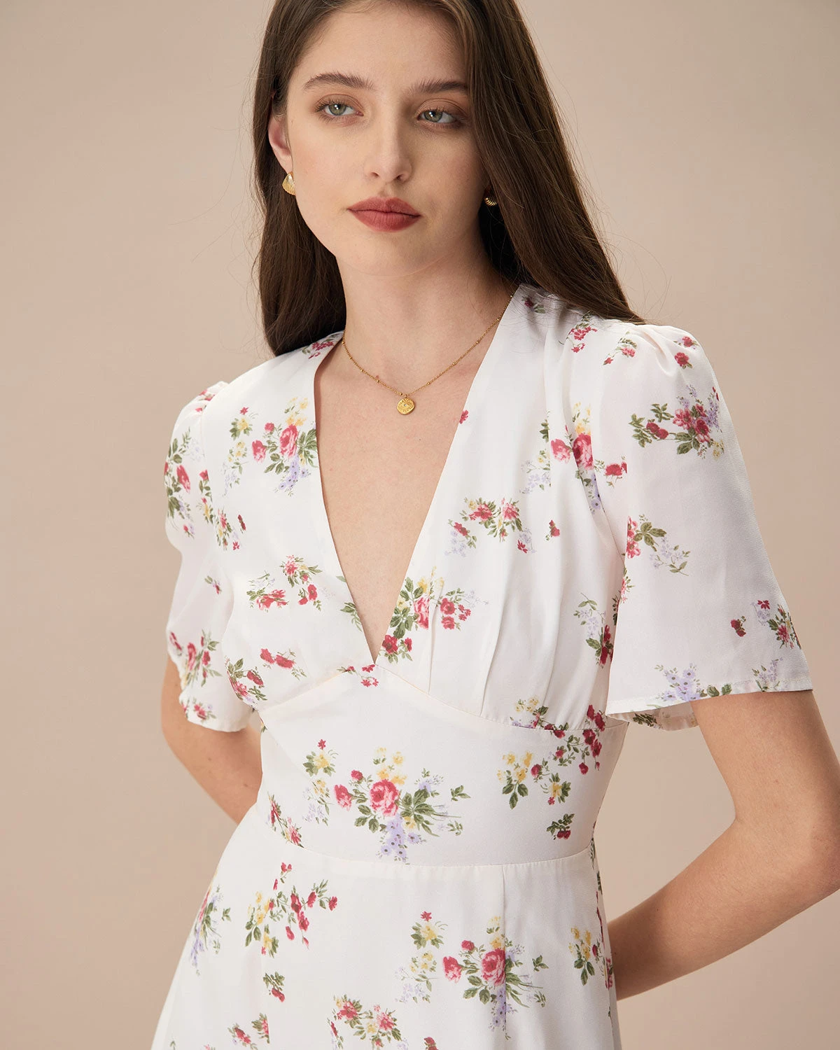 The Apricot V Neck Floral Ruched Midi Dress 2 The Apricot V Neck Floral Ruched Midi Dress - Image 2