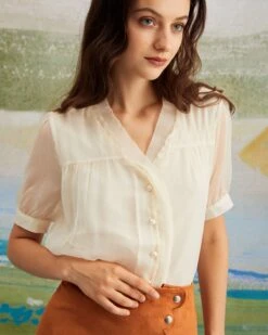 The Apricot V Neck Button See Through Shirt -Outlet Dress Mix Up Store the apricot v neck see through shirt tops za1jes