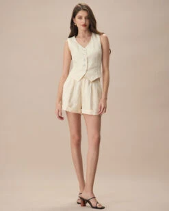 The Apricot V Neck Button-Up Linen Vest -Outlet Dress Mix Up Store the apricot v neck solid vest tops 8vduej