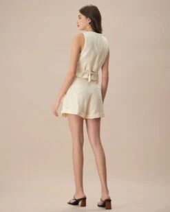 The Apricot V Neck Button-Up Linen Vest -Outlet Dress Mix Up Store the apricot v neck solid vest tops hpob68