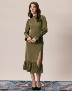 The Army Green Mock Neck Ruffle Midi Dress -Outlet Dress Mix Up Store the army green mock neck midi dress dresses femvyy 277870