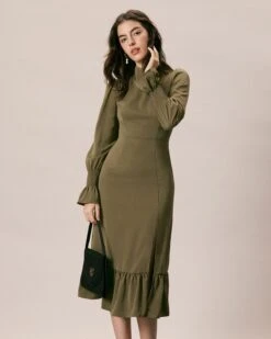 The Army Green Mock Neck Ruffle Midi Dress -Outlet Dress Mix Up Store the army green mock neck midi dress dresses v1slab