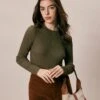The Army Green Round Neck Ribbed Knit Top