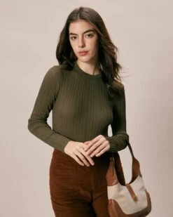 The Army Green Round Neck Ribbed Knit Top