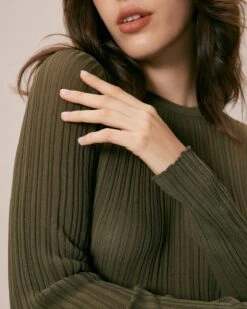 The Army Green Round Neck Ribbed Knit Top -Outlet Dress Mix Up Store the army green round neck solid knit top tops lhymj6