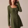 The Army Green Square Neck Button Mini Dress