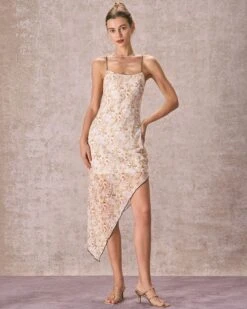 The Yellow Asymmetric Hem Floral Midi Dress -Outlet Dress Mix Up Store the asymmetric hem floral mesh midi dress dresses y3iveo