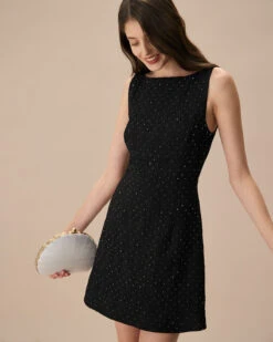 The Black Boat Neck Textured Mini Dress -Outlet Dress Mix Up Store the beige boat neck textured mini dress dresses cr23ar