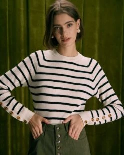 The Beige Mock Neck Striped Button Sweater