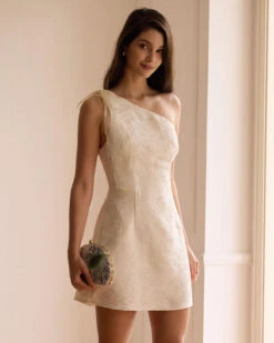 The Beige One-Shoulder Jacquard Mini Dress -Outlet Dress Mix Up Store the beige one shoulder jacquard mini dress dresses tqjunb