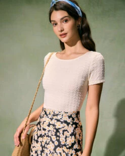 The Beige Round Neck Textured Knit Tee -Outlet Dress Mix Up Store the beige round neck textured tee tops n85vxb