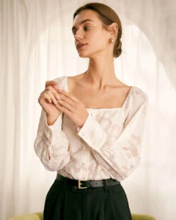 The Beige Square Neck Jacquard Blouse 8 The Beige Square Neck Jacquard Blouse -Outlet Dress Mix Up Store the beige square neck jacquard blouse tops 34txfc