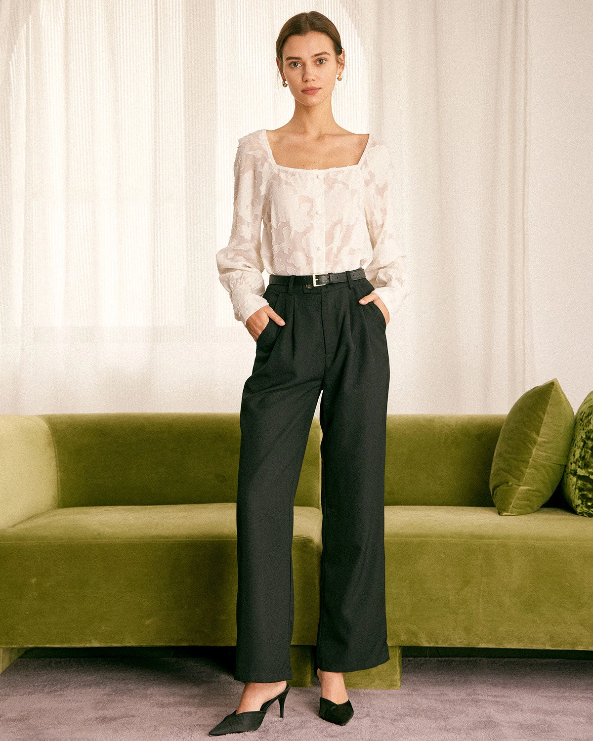 The Beige Square Neck Jacquard Blouse 2 The Beige Square Neck Jacquard Blouse - Image 2