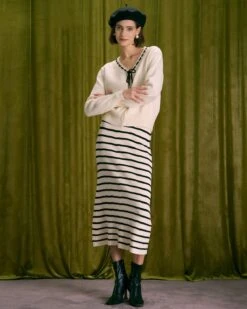 The Beige Elastic Waist Striped Knit Midi Skirt