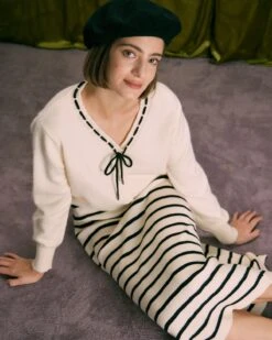 The Beige Elastic Waist Striped Knit Midi Skirt -Outlet Dress Mix Up Store the beige striped knit midi skirt bottoms tltofs