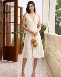 The Beige V Neck Jacquard Midi Dress -Outlet Dress Mix Up Store the beige v neck jacquard midi dress dresses vg97v7