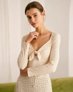 The Beige V Neck Polka Dot Knot Tee