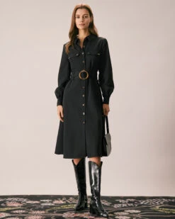 The Black Belted Button-Down Shirt Midi Dress 10 The Black Belted Button-Down Shirt Midi Dress -Outlet Dress Mix Up Store the belted button down shirt dress dresses aor3la