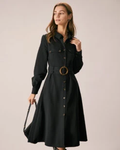 The Black Belted Button-Down Shirt Midi Dress