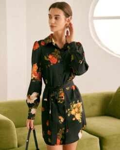 The Black Lapel Button Floral Satin Mini Dress -Outlet Dress Mix Up Store the black collared floral satin mini dress black dresses hqtvwn