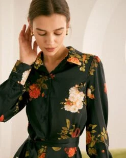 The Black Lapel Button Floral Satin Mini Dress -Outlet Dress Mix Up Store the black collared floral satin mini dress dresses 79w7hq