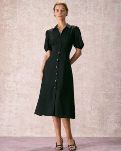 The Black Lapel Button Puff Sleeve Midi Dress -Outlet Dress Mix Up Store the black collared puff sleeve midi dress dresses 2ymrdn