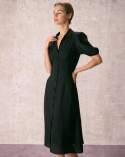 The Black Lapel Button Puff Sleeve Midi Dress -Outlet Dress Mix Up Store the black collared puff sleeve midi dress dresses aapnsr