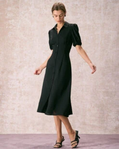 The Black Lapel Button Puff Sleeve Midi Dress -Outlet Dress Mix Up Store the black collared puff sleeve midi dress dresses dqjetk