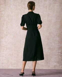 The Black Lapel Button Puff Sleeve Midi Dress -Outlet Dress Mix Up Store the black collared puff sleeve midi dress dresses dwoxci