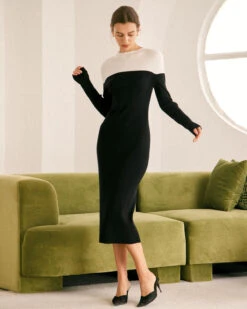 The Black Colorblock Sweater Midi Dress -Outlet Dress Mix Up Store the black color block sweater dress dresses abun7p