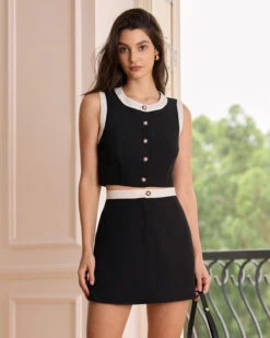 The Black High-waisted Colorblock Button Mini Skirt -Outlet Dress Mix Up Store the black colorblock button mini skirt bottoms 4rdx7o