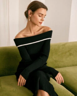 The Black Off The Shoulder Contrast Midi Dress 7 The Black Off The Shoulder Contrast Midi Dress -Outlet Dress Mix Up Store the black contrasting sweater midi dress dresses hvsuou