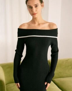 The Black Off The Shoulder Contrast Midi Dress 8 The Black Off The Shoulder Contrast Midi Dress -Outlet Dress Mix Up Store the black contrasting sweater midi dress dresses mappqg
