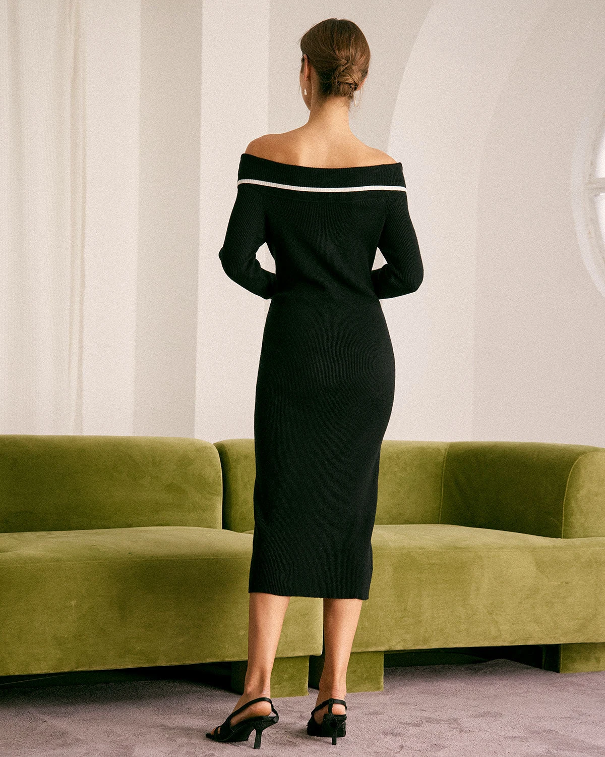 The Black Off The Shoulder Contrast Midi Dress 5 The Black Off The Shoulder Contrast Midi Dress - Image 5
