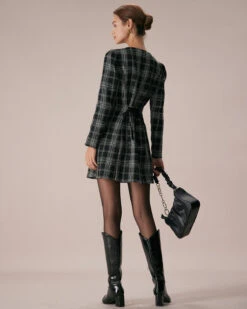 The Black Crew Neck Plaid A-Line Mini Dress -Outlet Dress Mix Up Store the black crew neck plaid mini dress dresses gppbwl