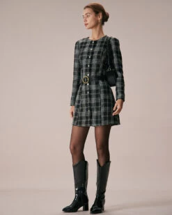 The Black Crew Neck Plaid A-Line Mini Dress -Outlet Dress Mix Up Store the black crew neck plaid mini dress dresses i68vdj