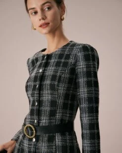 The Black Crew Neck Plaid A-Line Mini Dress -Outlet Dress Mix Up Store the black crew neck plaid mini dress dresses y0ztzi