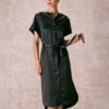 The Black Crew Neck Belted Satin Midi Dress