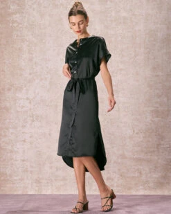 The Black Crew Neck Belted Satin Midi Dress -Outlet Dress Mix Up Store the black crew neck satin midi dress dresses 8oscog