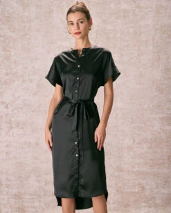 The Black Crew Neck Belted Satin Midi Dress -Outlet Dress Mix Up Store the black crew neck satin midi dress dresses koee6s