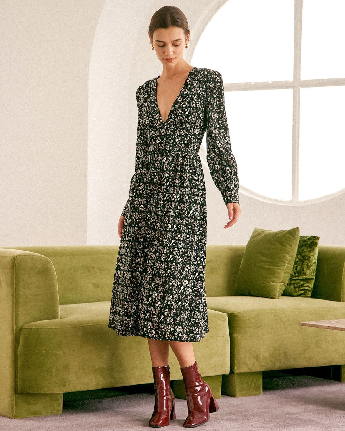 The Black Deep V Neck Floral Midi Dress 4 The Black Deep V Neck Floral Midi Dress - Image 4