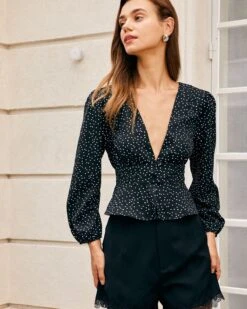 The Black V Neck Ruffle Polka Dot Blouse -Outlet Dress Mix Up Store the black deep v neck polka dot blouse tops aoyelj