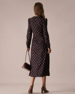 The Black Four-leaf Clover Print Midi Dress -Outlet Dress Mix Up Store the black four leaf clover print midi dress dresses kf3kes