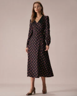 The Black Four-leaf Clover Print Midi Dress -Outlet Dress Mix Up Store the black four leaf clover print midi dress dresses xt267m
