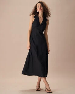 The Black Collared Frill Trim Linen Maxi Dress -Outlet Dress Mix Up Store the black frill trim maxi dress dresses lpscrw
