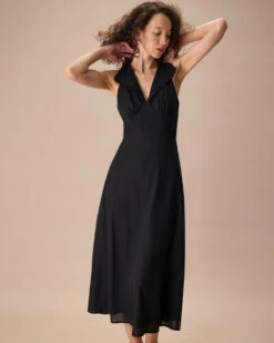 The Black Collared Frill Trim Linen Maxi Dress -Outlet Dress Mix Up Store the black frill trim maxi dress dresses mpuivw